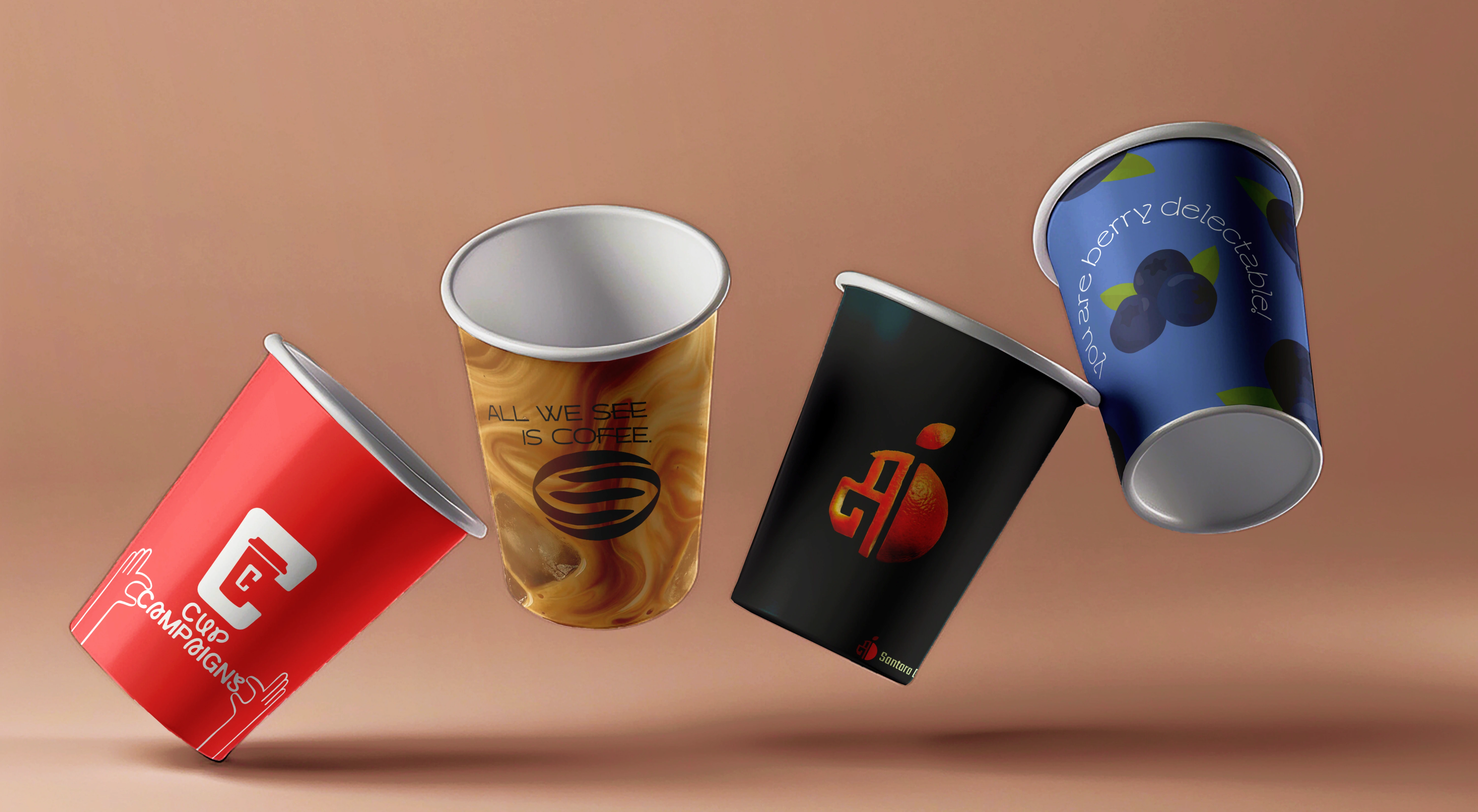 Showcase of custom designed paper cups with various brand logos